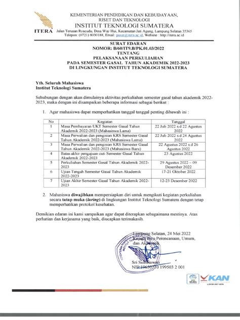 Surat Edaran B 60 It9b Pk0103 2022 Tentang Pelaksanaan Perkuliahan Pada Semester Gasal Tahun