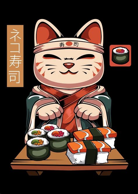 Kawaii Maneki Neko Sushi Poster By LeSheer Displate Displate Maneki