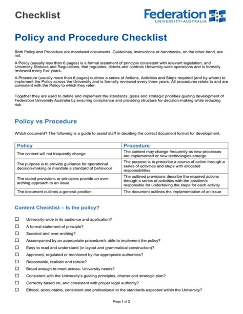 Policy Checklist Template