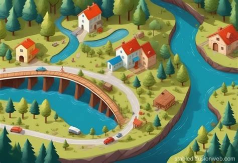 Top View Map Simple River Road Bridge And Forest Stable Diffusion