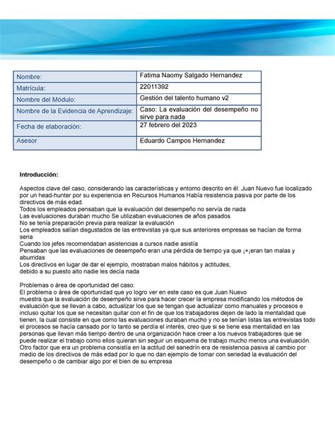 Caso La evaluación de desempeño no sirve para nada Nombre Fatima