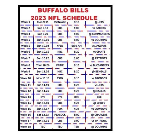 2023 Buffalo Bills NFL Eastern Time Football Schedule - Etsy