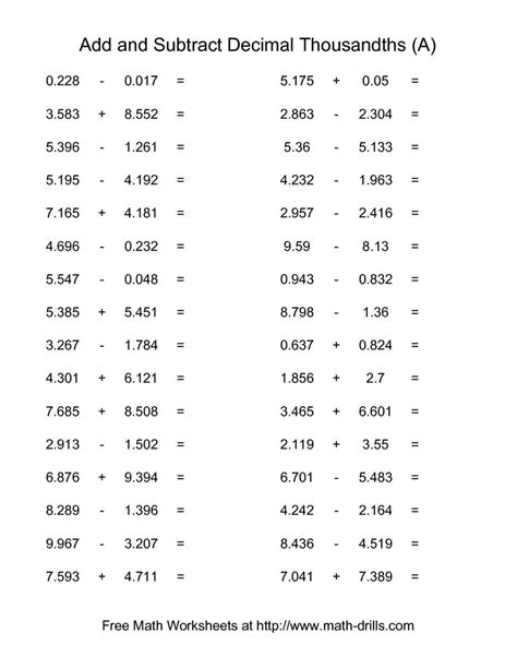 Decimals Adding And Subtracting Worksheet Pdf