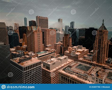 Drone View Of The Chicago Skyline In Downtown During The Sunset Stock