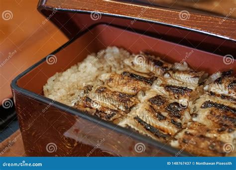 Traditional Japanese Grilled Unagi Eel On Rice Lunch Box Stock Image