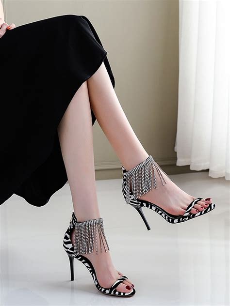 Women S Leatherette With Tassel Peep Toe Stiletto Heel Sandals Hebeos