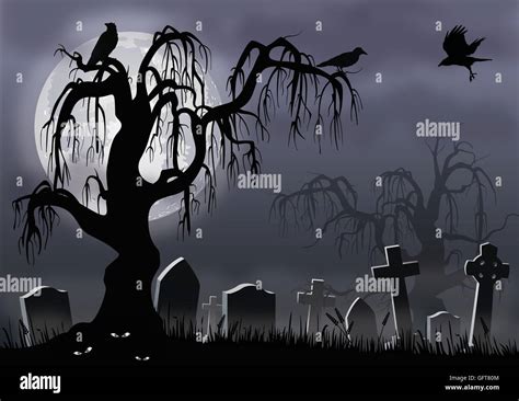 Eerie Halloween scene of a misty graveyard, creepy tree and ominous ...