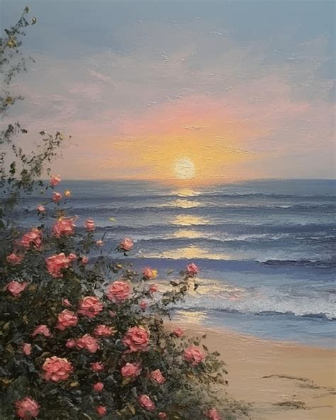 Una Pintura De Una Playa Con Una Puesta De Sol Y Una Flor Rosa Foto