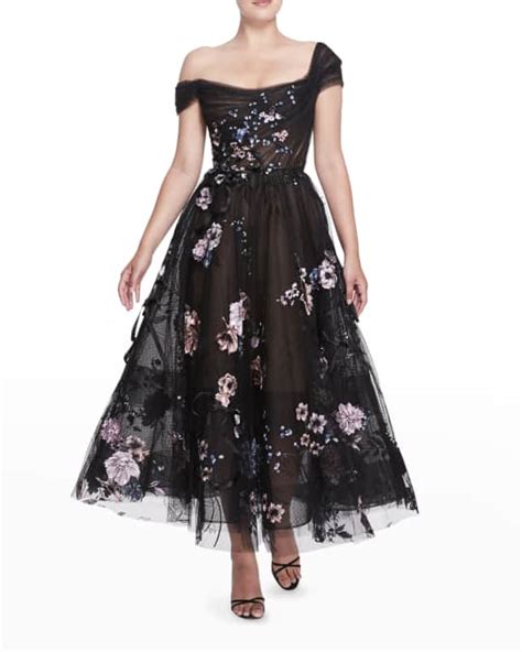 Marchesa Floral Applique Tulle Tea Length Dress Neiman Marcus