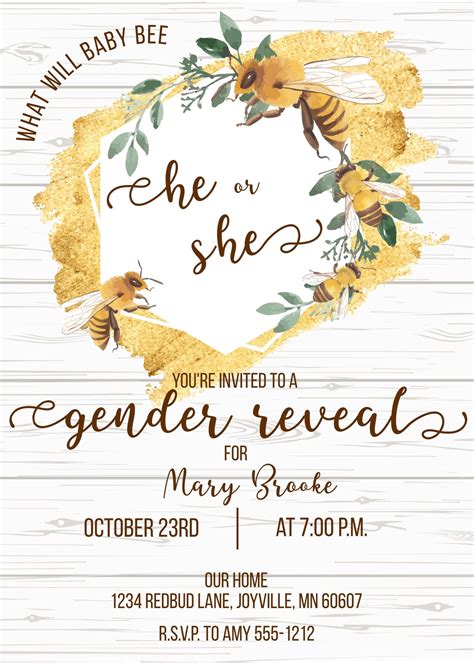 Bee Gender Reveal Invitations Instant Access Editable Template Digital