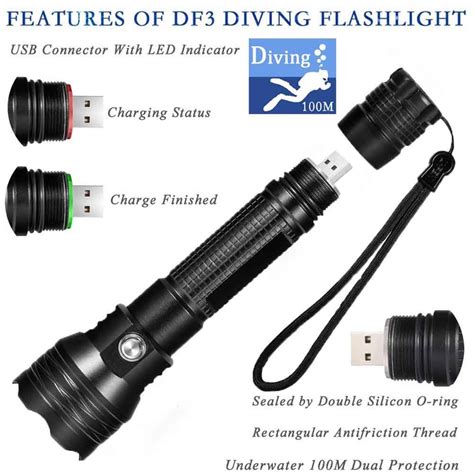 LED Diving Flashlight CREE Xml L2 2400mAh Built In Battery USB Charger