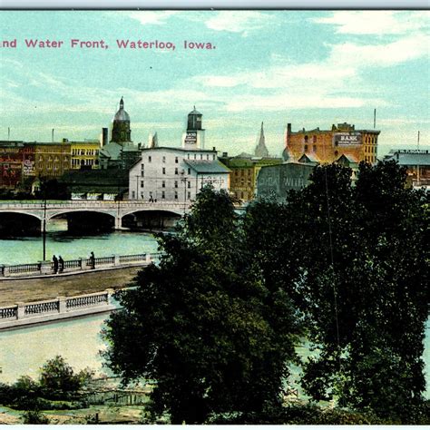 C1910s Waterloo Ia Downtown Birds Eye Lith Photo Postcard 4th St Bridge