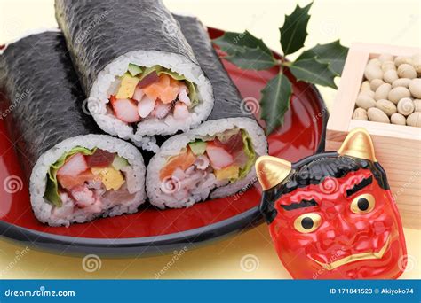 Japanese Setsubun Event, Masks of Demon and Sushi Stock Image - Image ...