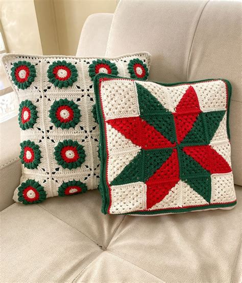 Crochet Christmas Pillow Cover Set,vintage Xmas Cushion Covers, Winter ...