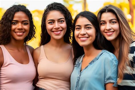 Quatre Jeunes Femmes De Différents Groupes Ethniques Sembrassant