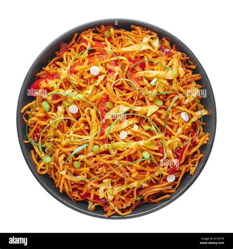 Chinese Bhel In Black Bowl Isolated On White Backdrop Chinese Bhel Is