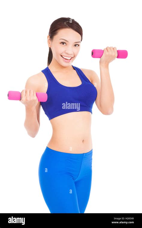 Happy Fitness Woman Lifting Dumbbells Smiling Cheerful Stock Photo Alamy