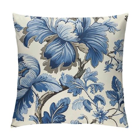 Creowell Chinoiserie Pillow Cover Vintage Blue Flower Throw Pillow