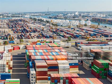 Aerial View Busy Port Of Melbourne Shipping Container Terminal