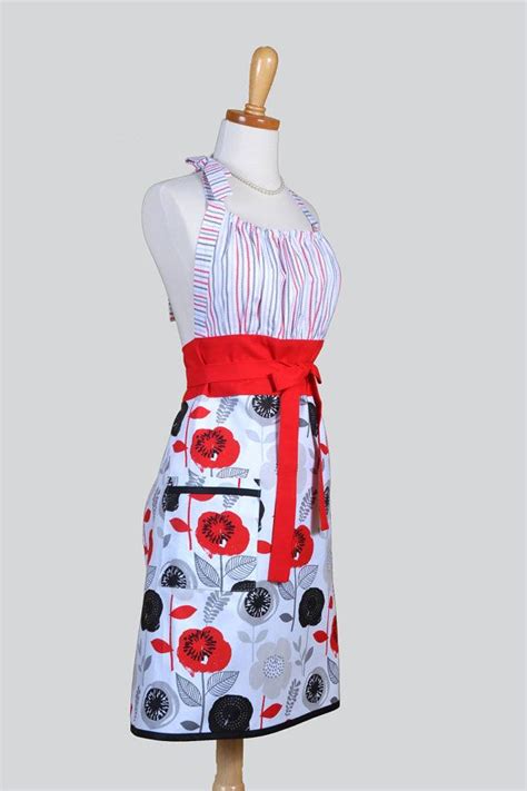 Cute Kitsch Womens Apron Red Black And White Floral Modern Etsy