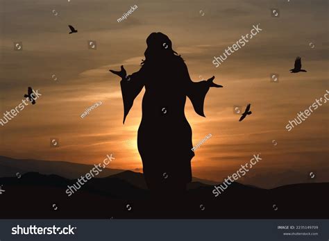 Vector Silhouette Jesus On Sunset Background Stock Vector (Royalty Free ...