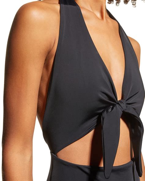 Mara Hoffman Maddy Tie Front Cutout One Piece Halter Swimsuit Neiman