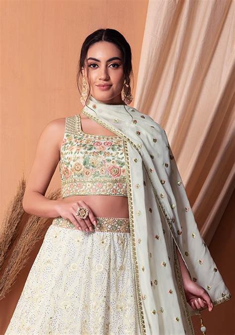 Buy Women Ivory Embroidered Lehenga Set With Embroidered Blouse And