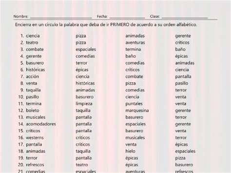 Movie Things And Genres Alphabetical Order Ii Spanish Worksheet