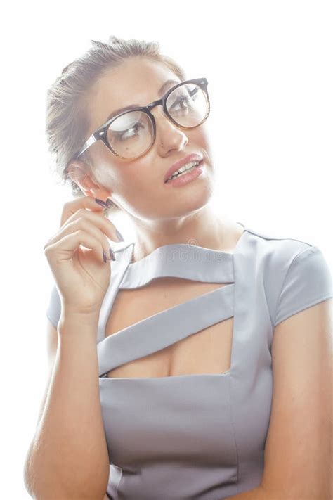 Young Pretty Real Brunette Woman Secretary In Dress Wearing Glasses Isolated On White Background