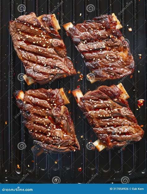 Delicious Grilled Beef Ribs With Glaze On A Grill Pan Top View On A