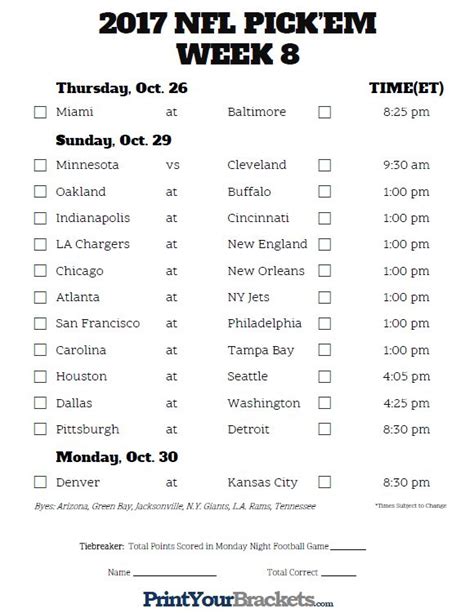 Week 8 Printable Nfl Schedule