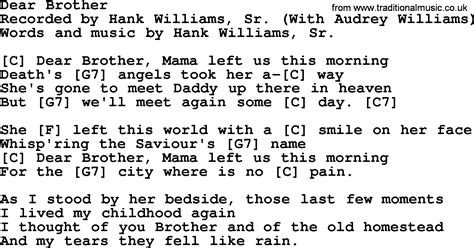 Hank Williams song: Dear Brother, lyrics and chords