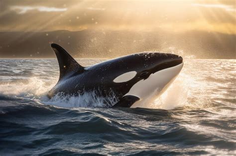 Premium AI Image | A killer whale in the ocean with a sunset behind it