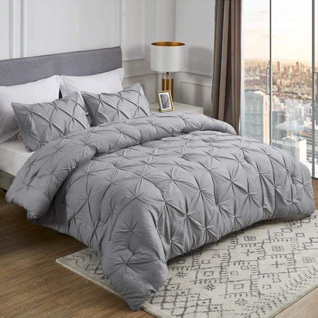 King Size Comforters Set Grey Pintuck 102x90 - 3 Pieces Pinch Pleat ...