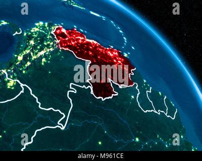 Satellite Night View Of Venezuela Highlighted In Red On Planet Earth