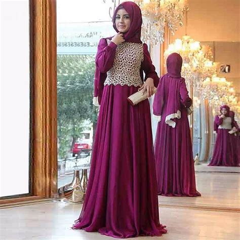 2015new Arrival Long Sleeve Muslim Evening Dress With Hijab Red Purple