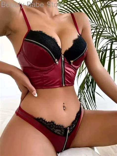 Women Sexy Pu Zipper Design Lace Patchwork Lingerie Set Faux Leather