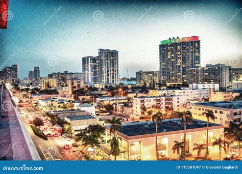 Aerial View Of Miami Beach Skyline At Night Florida Stock Image