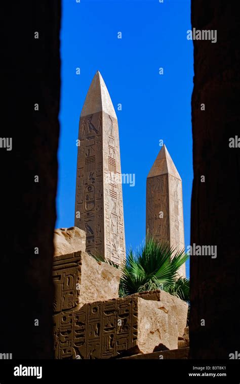 The two Obelisks of Queen Hatshepsut viewed between columns of the ...