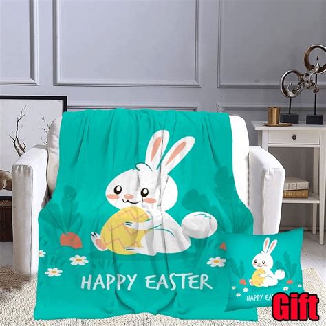 Dicasser Easter Happy Bunny Blankets With Pillow Cover Spring Bunnies