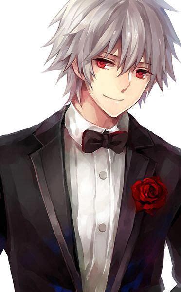 Anime Guy White Hair Red Eyes Bow Tie Suit Tuxedo Fancy Red Rose  White Hair Anime Guy