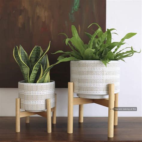 Ceramic Plant Pot With Wood Stand Inch Modern Round Etsy