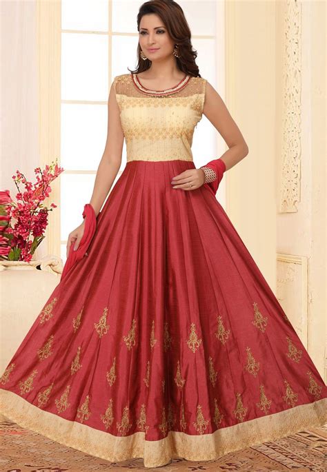 Shaded Red Silk Readymade Long Anarkali Suit 156743 Bollywood Dress