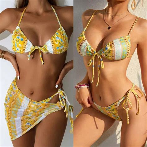 Womens Baskı Üç Parça Seksi Bikini Şınav Pad Mayo Mayo Plaj Giyim Seti