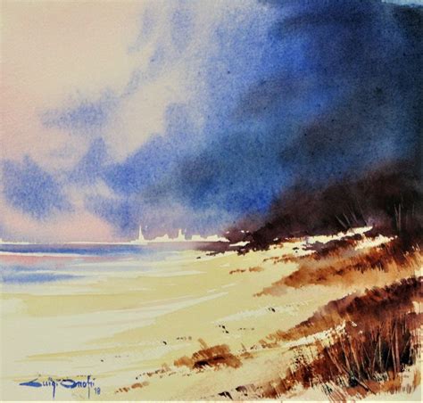 A Watercolor Painting Of The Beach And Sky