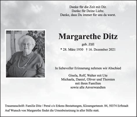 Traueranzeigen Von Margarethe Ditz Wirtrauern