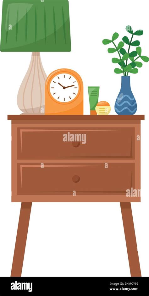 Bedside Table With Lamp Vase Clock Cream For Hand And Face Vector