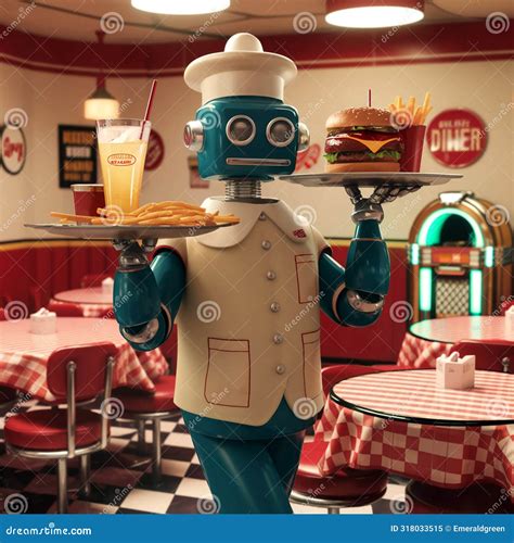 A 1950 S Style Reto Robot Serving In A Traditional American Diner Stock