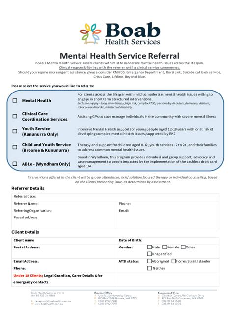 Fillable Online Mental Health Service Referral Home Boab Health Fax