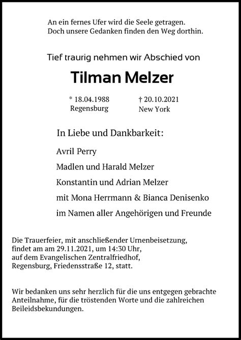 Traueranzeigen Von Tilman Melzer Mittelbayerische Trauer